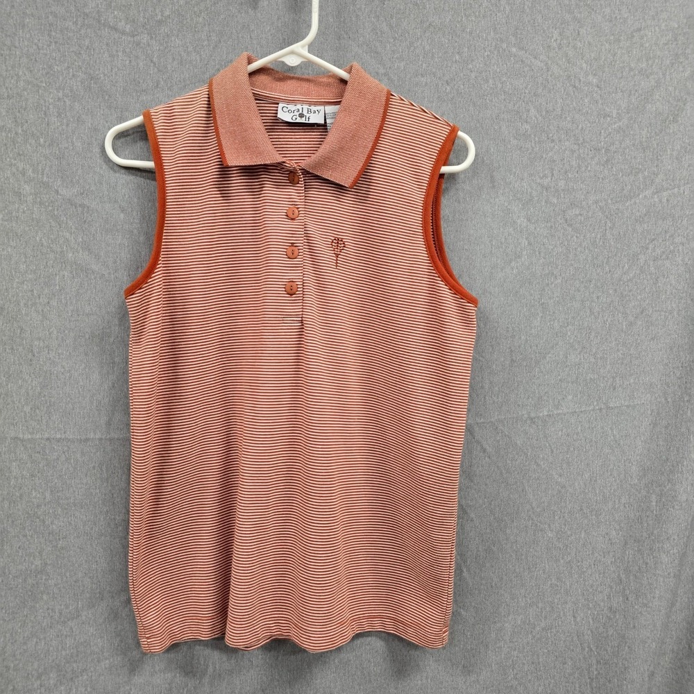 Coral‎ Bay Golf Womens Sleeveless Polo Shirt Orange Striped Size L Golfing Top